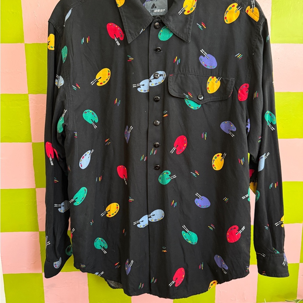 Vintage Liz Wear Colorful Palette Print Black Button-Up Shirt
